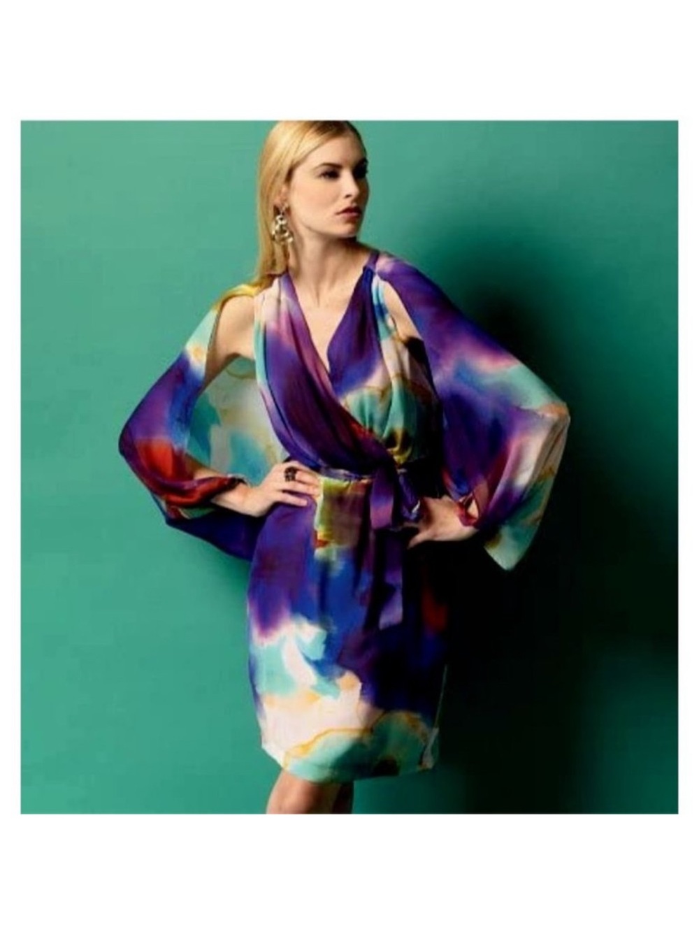 Suzy Chin Dress 12 Surplice Watercolor Cut out Balloon Sleeves Chiffon Cocktail